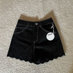 STAUD Noemie Embroidered Scallop Denim Shorts